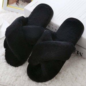 Women Fur Fluffy Slippers Sliders Cross Over Open Toe Summer Mules 9.5 / 10.5 XL